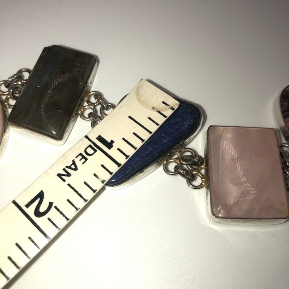 Huge Sterling Rose Quartz Labradorite Lapis Rhodonite Gemstone Bracelet 8” - 9” - Picture 11 of 12